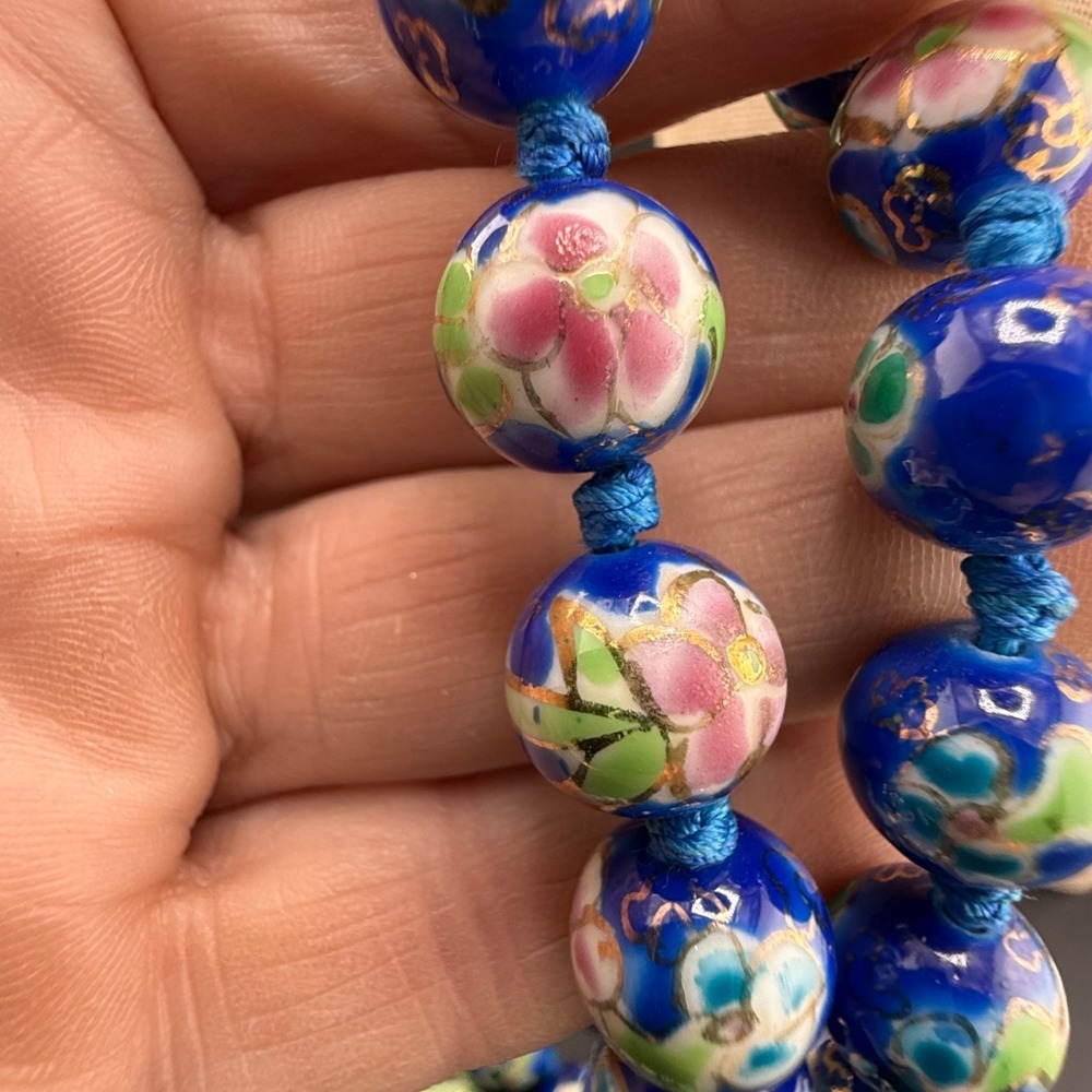 Vintage Chinese Cloisonne Enamel Necklace Blue 26" - Picture 4 of 10